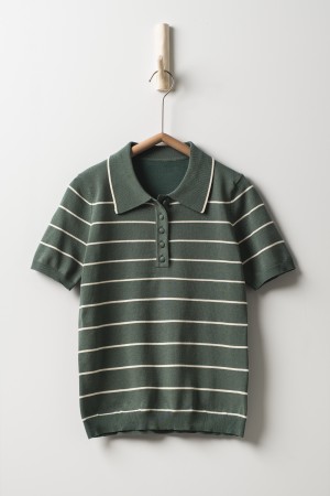 0128-6091<br/>Retro Stripe Knit Polo Summer Top