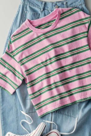 0245-1511<br/>Striped Pink and Green Casual Crop Top