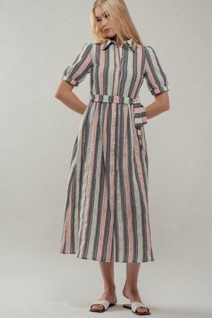 0245-5274<br/>Pastel Stripe Button-Down Midi Summer Dress