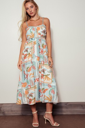 0281-5864<br/>Boho Coastal Print Midi Dress for Summer
