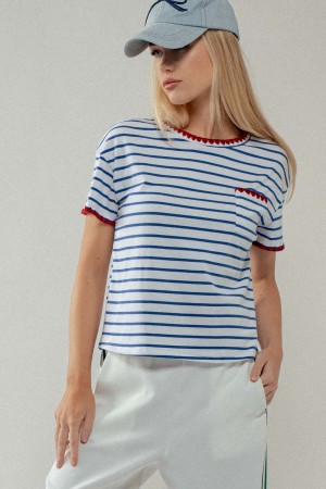 0432-2245<br/>Mariner Stripe Summer Top with Red Crochet Trim