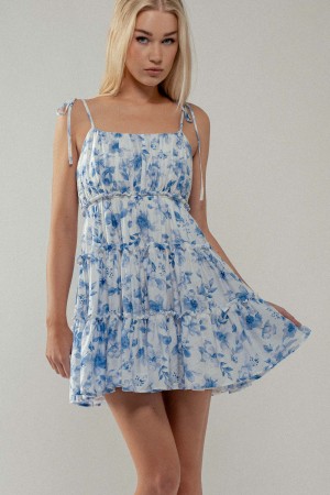 0505-7449<br/>Blue Blossom Tiered Lined Mini Dress