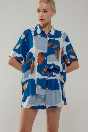 0535-4696<br/>Tropical Resort Print Button-Up Summer Top