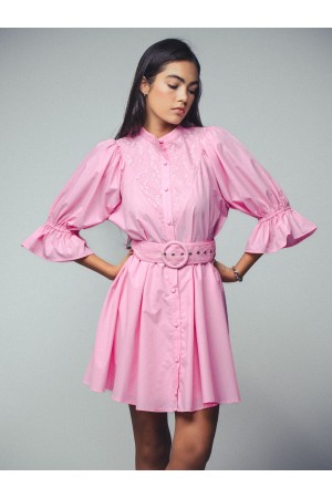0576-4360<br/>Lace Accent Puff Sleeve Pink Dress