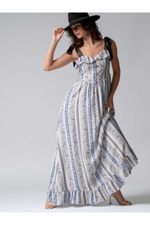 0658-6060<br/>Striped Ruffle Maxi Dress with Bow Straps