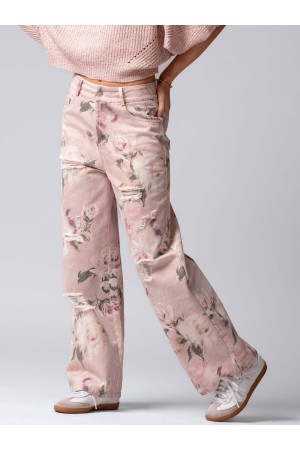 0680-4741<br/>Floral Wide Leg Denim Pants
