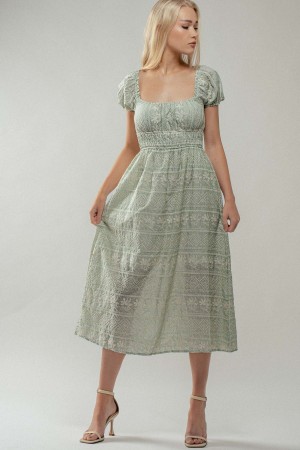 0837-1458<br/>Embroidered Smocked Midi Summer Dress