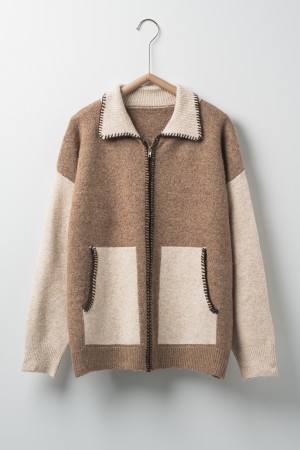 0872-0412<br/>Contrast Stitch Knit Zip-Up Cardigan