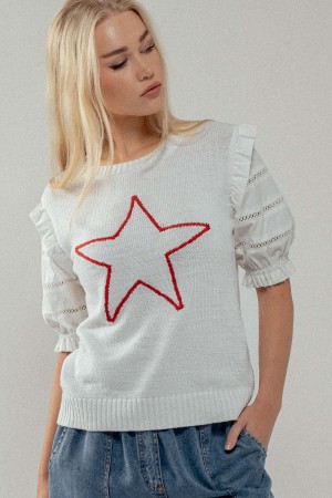 0907-0200<br/>Star Knit Puff Sleeve Summer Top